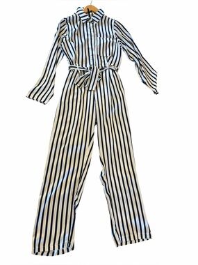 ELLI WHITE Navy White Vertical Stripe Belted Waist Long Sleeve Satin Jumpsuit
